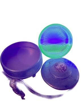ANTIQUE VASELINE URANIUM GLASS powder puff bowl inside a tin lidded container